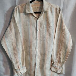 Tommy Bahama Men's Med Cream and Tan Striped Linen Shirt